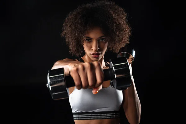 Obrázek Sebevědomý Africký Americký Sportovkyně Dělá Cvičení Činky Izolované Přes — Stock fotografie