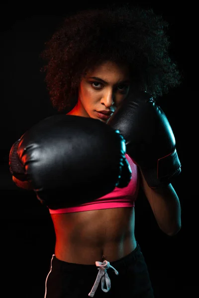 Image Young African American Sportswoman Working Out Boxing Gloves Isolated — Stock Photo, Image