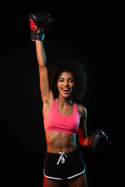 Image Happy African American Woman Boxing Gloves Making Winner Gesture — Stock Photo, Image