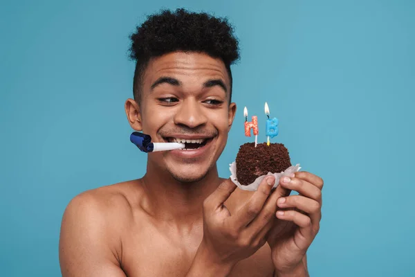 Photo Happy African American Man Party Horn Holding Cake Candles — Stock Photo, Image