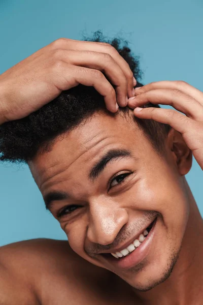 Fényképezés Closeup Happy African American Man Touch Her Hair Smiling — Stock Fotó