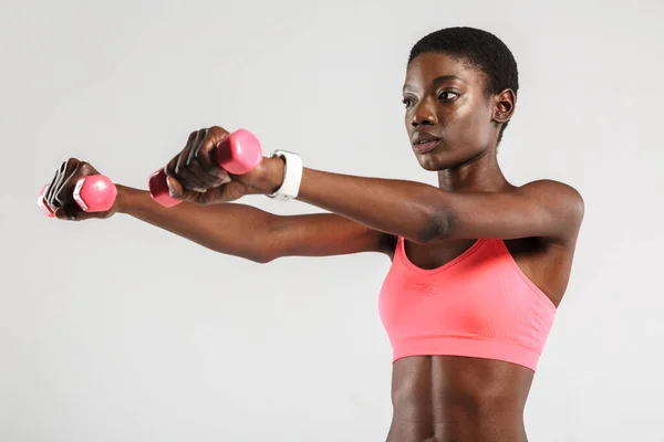 Bild Einer Afrikanisch Amerikanischen Sportlerin Beim Sport Mit Hanteln Auf — Stockfoto