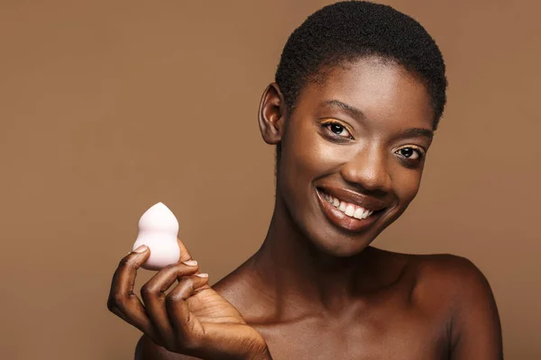 Beauty Portrait Pretty Young Half Naked African Woman Holding Makeup — Stock Photo, Image