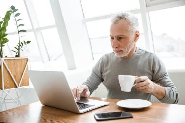 Yakışıklı, konsantre olmuş yaşlı bir iş adamının kafeteryada dizüstü bilgisayarla oturup kahve içtiği görüntüsü..