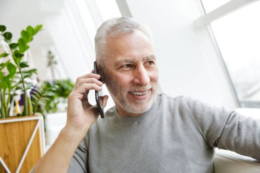 Olgun, olgun, yaşlı, gri saçlı, sakallı bir iş adamının fotoğrafı kafede cep telefonuyla oturuyor..