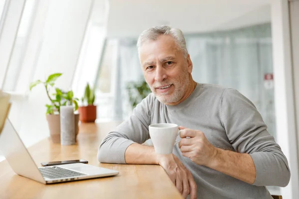 Immagine Uomo Affari Anziano Maturo Positivo Sedersi Caffè Utilizzando Computer — Foto Stock