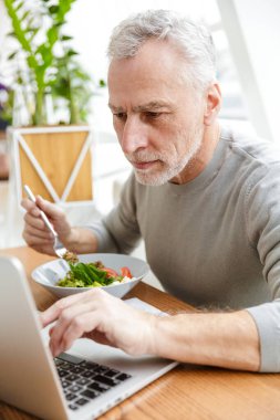 Yetişkin, kır saçlı, sakallı bir iş adamının fotoğrafı kafede oturmuş dizüstü bilgisayarla yemek yiyor..