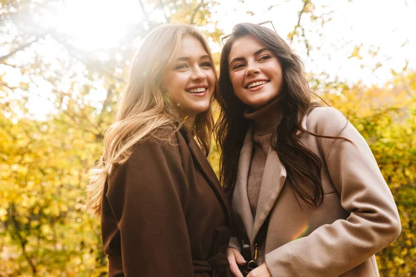 Duas Jovens Meninas Bonitas Alegres Vestindo Casacos Andando Juntas Parque — Fotografia de Stock