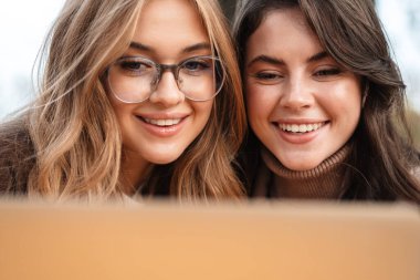 Dışarıda dizüstü bilgisayarda çalışan iki neşeli bayan arkadaşın Clode uo 'su.