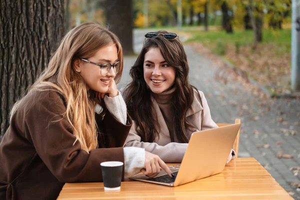 Dvě Veselé Atraktivní Ženy Přátelé Sedí Kavárně Venku Pracuje Notebooku — Stock fotografie