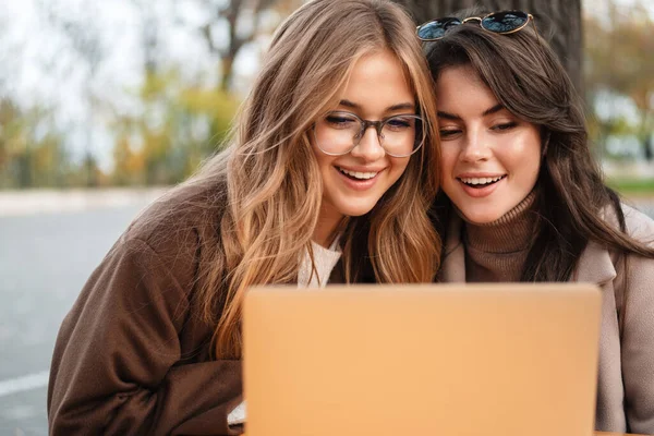 Duas Mulheres Alegres Atraentes Amigos Sentados Café Livre Trabalhando Computador — Fotografia de Stock