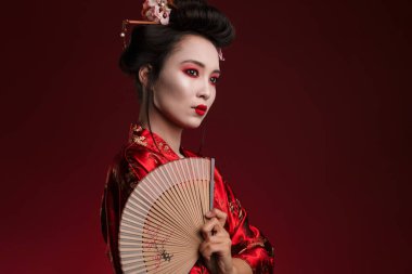 Geleneksel Japon kimonosu giymiş genç bir geyşa resmi. Kırmızı arka planda izole edilmiş ahşap el yelpaze tutuyor.