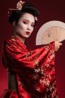 Geleneksel Japon kimonosu giymiş genç bir geyşa resmi. Kırmızı arka planda izole edilmiş ahşap el yelpaze tutuyor.