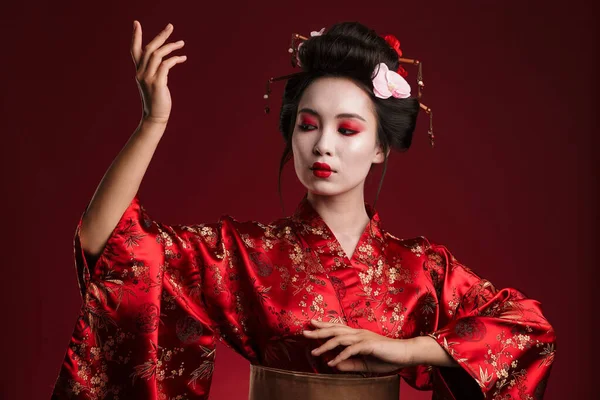 Bild Von Jungen Asiatischen Geisha Frau Traditionellen Japanischen Kimono Tanz — Stockfoto