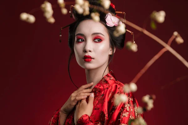 图为日本传统和服中迷人的艺妓女郎 红底上有樱花树 — 图库照片