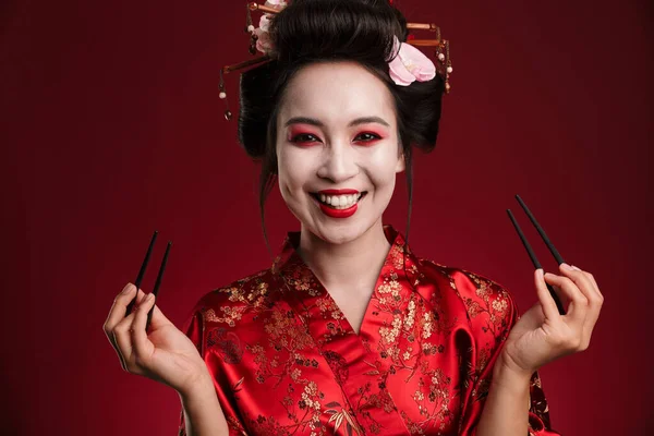 Immagine Bella Donna Geisha Nel Tradizionale Kimono Giapponese Che Tiene — Foto Stock