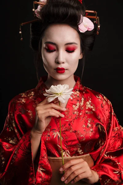 日本传统和服中美丽的艺妓女人在黑色背景下抱着花朵的照片 — 图库照片