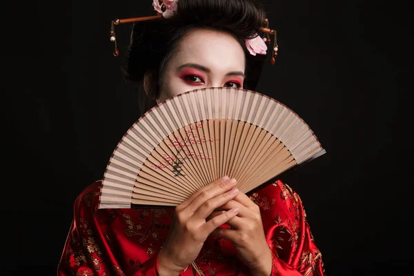 Imagen Mujer Geisha Joven Kimono Japonés Tradicional Sosteniendo Ventilador Mano — Foto de Stock