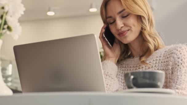Usmívající Milá Mladá Žena Mluví Telefonu Zatímco Pomocí Svého Notebooku — Stock video