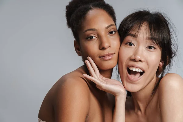 Portrait Two Multinational Half Naked Women Posing Together Smiling Isolated — Stock Photo, Image