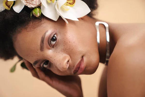 Retrato Una Joven Afroamericana Semidesnuda Pecosa Con Flores Pelo Aisladas — Foto de Stock