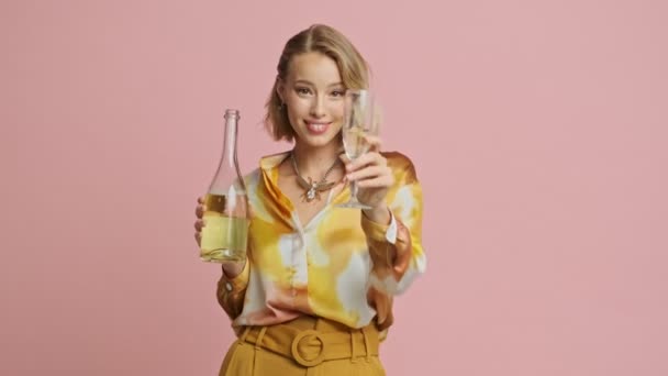 Cheerful Pretty Blonde Woman Colorful Elegant Costume Giving Glass Champagne — Stock Video