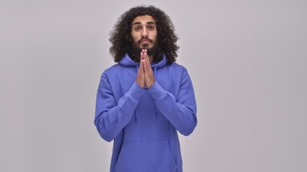 Charming Young Bearded Brunette Man Long Curly Hair Praying Something — Stock Video