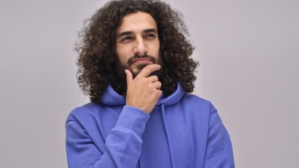 Focused Young Bearded Brunette Man Long Curly Hair Dreaming Something — Stock Video