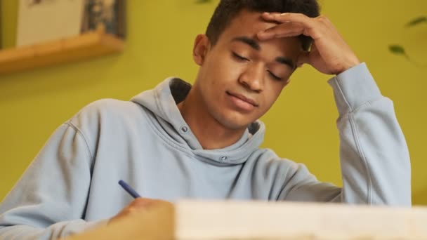 Attrayant Concentré Jeune Afro Américain Gars Étudiant Faire Des Devoirs — Video