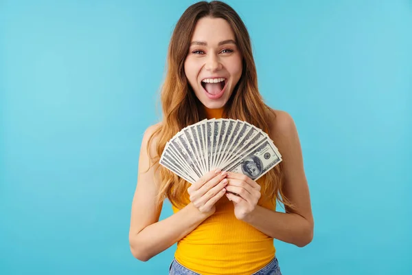 Portrait Beautiful Joyous Caucasian Woman Laughing Holding Dollar Banknotes Isolated — Stok Foto