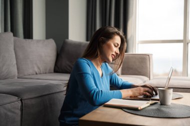 Dizüstü bilgisayar kullanan ve oturma odasında otururken gülümseyen genç ve güzel bir kadın resmi.