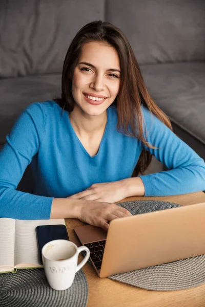Imagem Encantadora Jovem Mulher Feliz Usando Laptop Sorrindo Enquanto Sentado — Fotografia de Stock