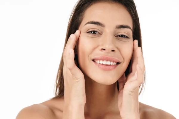 Retrato Encantadora Jovem Morena Semi Nua Mulher Sorrindo Tocando Seu — Fotografia de Stock