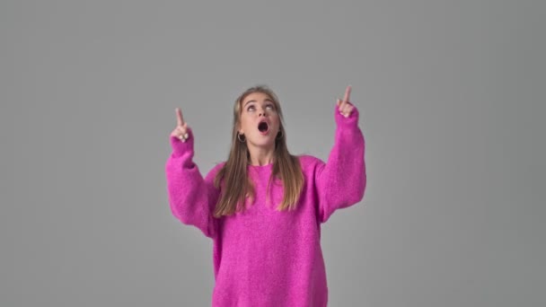 Excited Young Woman Pointing Top Both Hands Isolated Grey Background — Stock Video