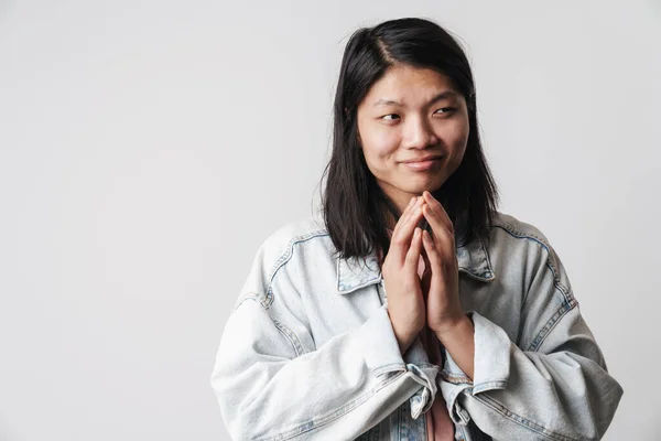 Retrato Una Joven Mujer Asiática Confusa Con Chaqueta Mezclilla Mirando —  Fotos de Stock