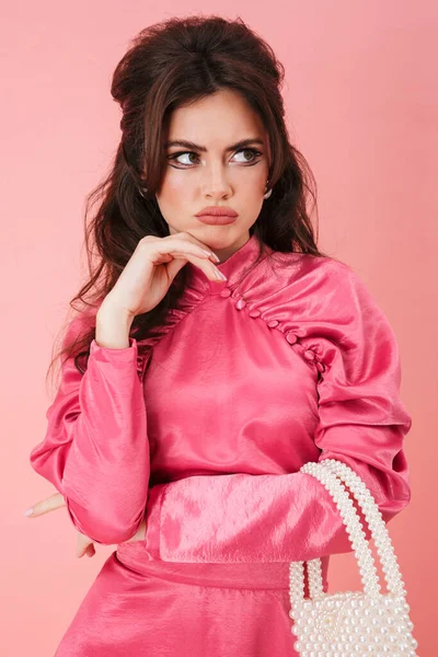 Imagen Del Pensamiento Serio Triste Joven Glamour Chica Vestido Rosa —  Fotos de Stock