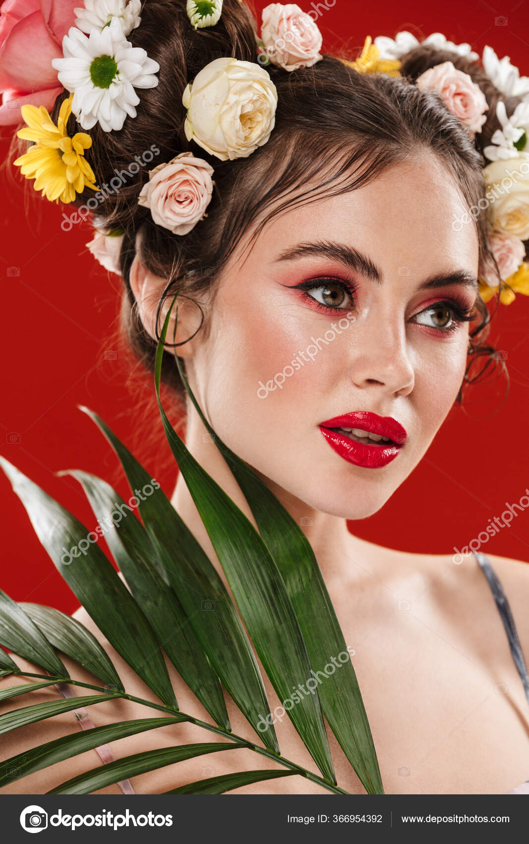 Beautiful Young Woman Amazing Floral Hairstyle Wearing Makeup