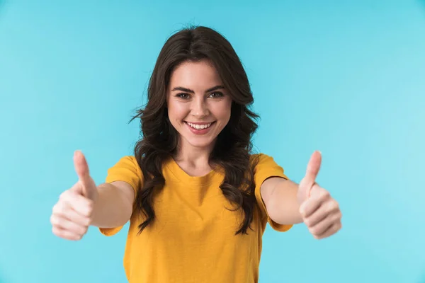 Image Cheerful Young Pretty Woman Posing Isolated Blue Wall Background — Stock Photo, Image