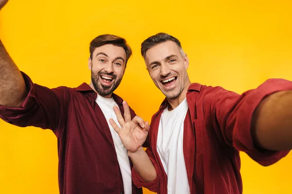 Twee Aantrekkelijke Vrolijke Jonge Mannen Vrienden Dragen Casual Kleding Geïsoleerd — Stockfoto