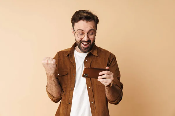 Portrait Cheerful Young Arttractive Bearded Man Wearing Casual Clothes Standing — Stock Photo, Image