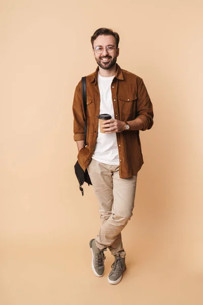 Full Length Portrait Cheerful Young Arttractive Bearded Man Wearing Casual — Stock Photo, Image