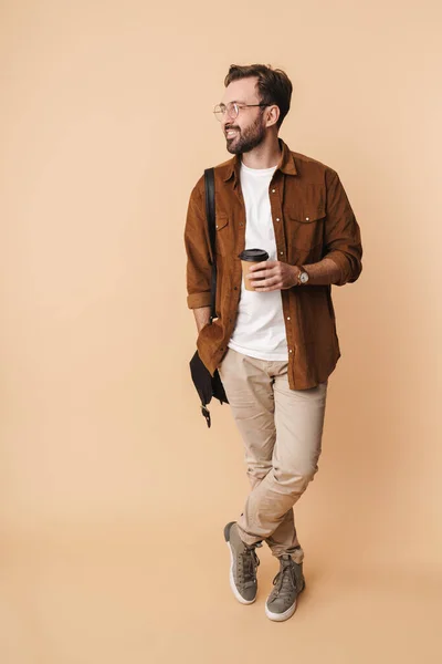 Full Length Portrait Cheerful Young Arttractive Bearded Man Wearing Casual — Stock Photo, Image