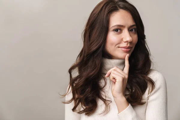 Photo Caucasian Happy Woman Long Brown Hair Smiling Camera Isolated — Stock Photo, Image