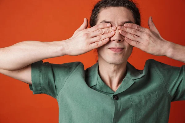 Image Young Handsome Man Posing Covering His Eyes Isolated Orange — Stock Photo, Image