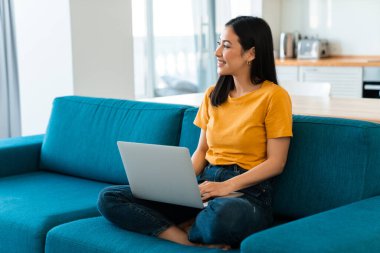 Evdeki kanepede dizüstü bilgisayarla güzel, mutlu, esmer bir kadının fotoğrafı..
