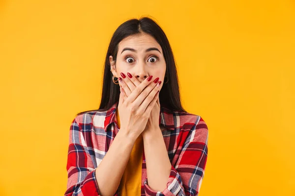 Afbeelding Van Kaukasische Vrouw Uiten Verrassing Het Bedekken Van Haar — Stockfoto