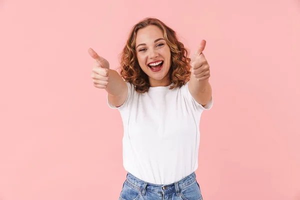 Bild Einer Positiven Optimistischen Jungen Hübschen Frau Posiert Isoliert Über — Stockfoto