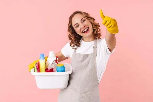 Image Happy Positive Young Housewife Woman Gloves Holding Cleanser Bottles — Stock Photo, Image