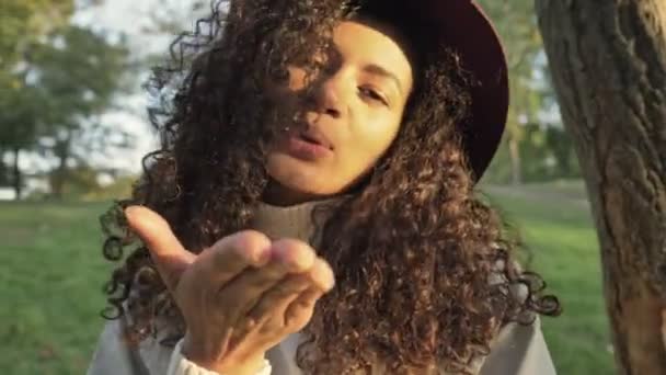 Jeune Fille Africaine Heureuse Chapeau Marchant Extérieur Dans Parc Naturel — Video