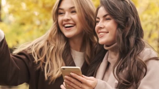 Jeunes Filles Heureuses Surprises Amis Marchant Extérieur Dans Parc Naturel — Video